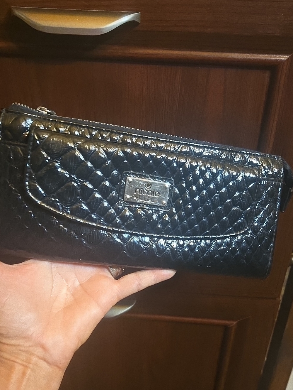Nicole Miller  Quilted Patent Leather Glossy Black Wallet Wristlet